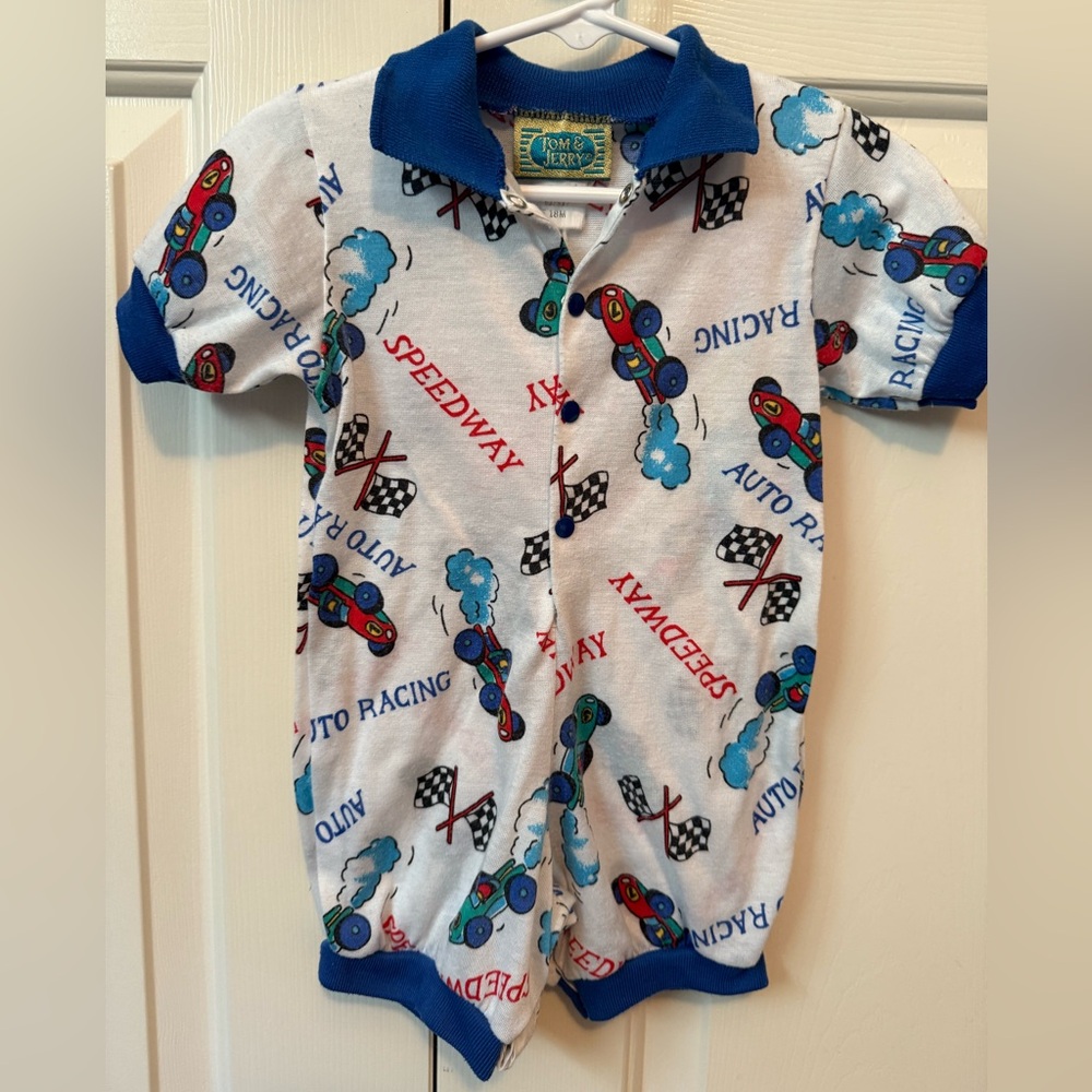 Vintage Tom & Jerry Kids Racing-Themed One Piece - Blue and White
